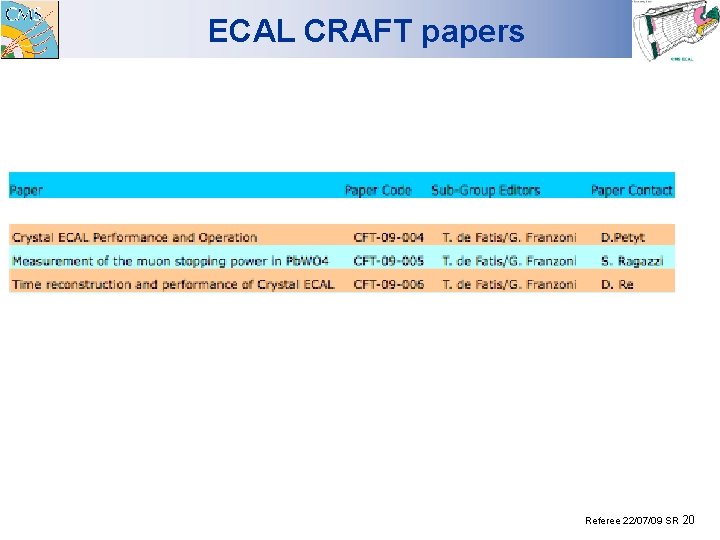 ECAL CRAFT papers Referee 22/07/09 SR 20 