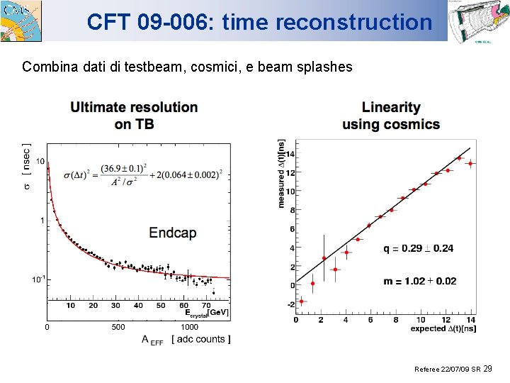 CFT 09 -006: time reconstruction Combina dati di testbeam, cosmici, e beam splashes Referee