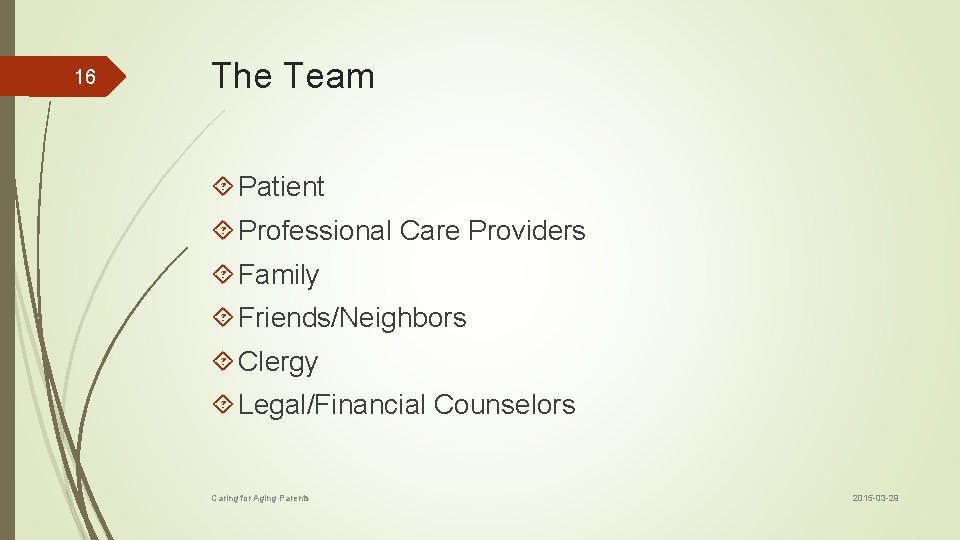 16 The Team Patient Professional Care Providers Family Friends/Neighbors Clergy Legal/Financial Counselors Caring for