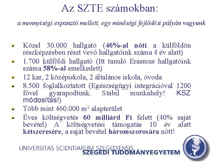 Az SZTE számokban: a mennyiségi expanzió mellett, egy minőségi fejlődési pályán vagyunk Közel 30.