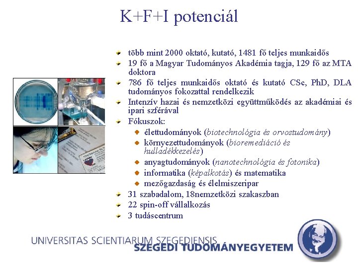 K+F+I potenciál több mint 2000 oktató, kutató, 1481 fő teljes munkaidős 19 fő a