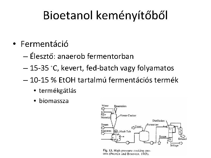 Bioetanol keményítőből • Fermentáció – Élesztő: anaerob fermentorban – 15 -35 ◦C, kevert, fed-batch