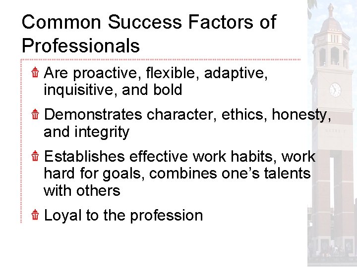 Common Success Factors of Professionals Are proactive, flexible, adaptive, inquisitive, and bold Demonstrates character,