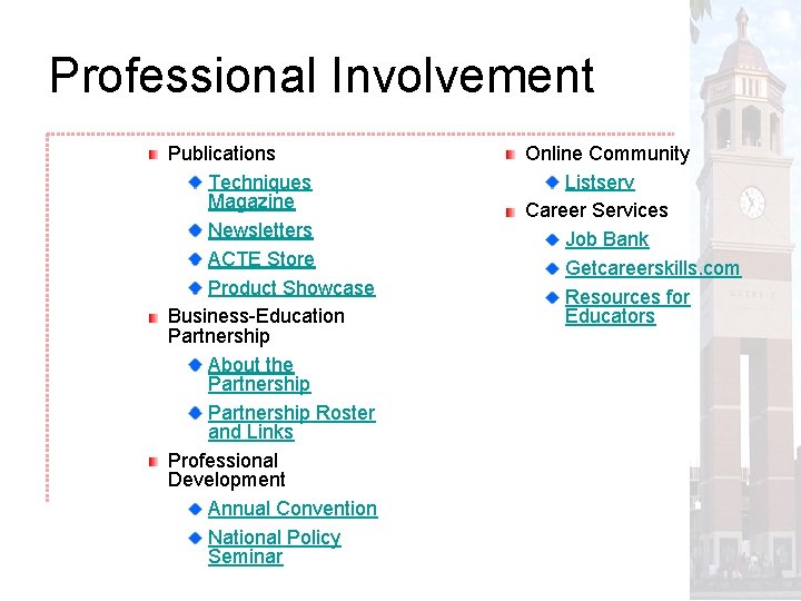 Professional Involvement Publications Techniques Magazine Newsletters ACTE Store Product Showcase Business-Education Partnership About the