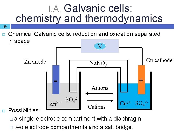 II. A. Galvanic cells: chemistry and thermodynamics 29 Chemical Galvanic cells: reduction and oxidation