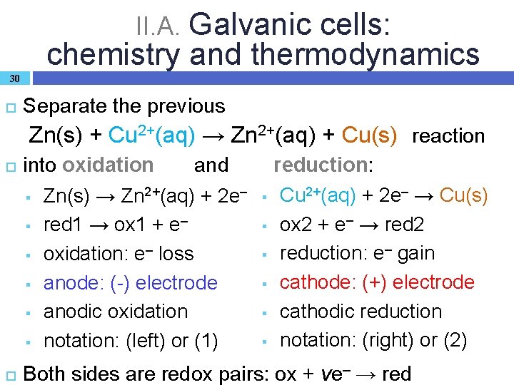 II. A. Galvanic cells: chemistry and thermodynamics 30 Separate the previous Zn(s) + Cu