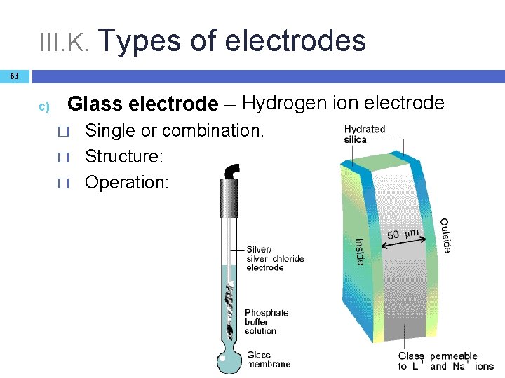 III. K. Types of electrodes 63 c) Glass electrode – Hydrogen ion electrode �