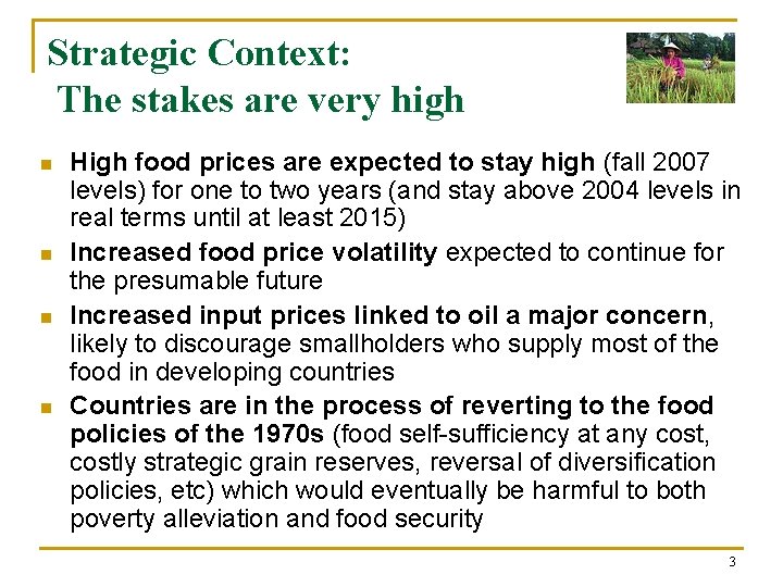 Strategic Context: The stakes are very high n n High food prices are expected