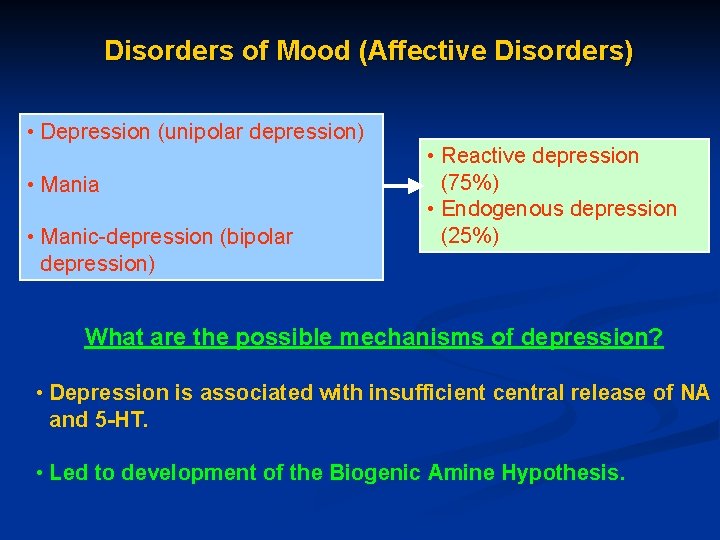 Disorders of Mood (Affective Disorders) • Depression (unipolar depression) • Mania • Manic-depression (bipolar