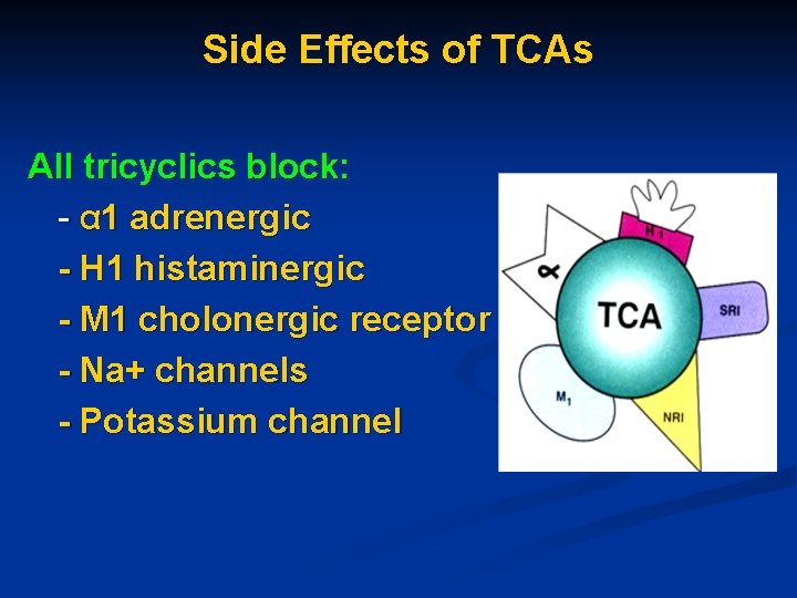 Side Effects of TCAs All tricyclics block: - α 1 adrenergic - H 1