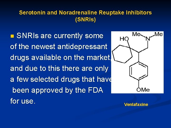 Serotonin and Noradrenaline Reuptake Inhibitors (SNRIs) SNRIs are currently some of the newest antidepressant