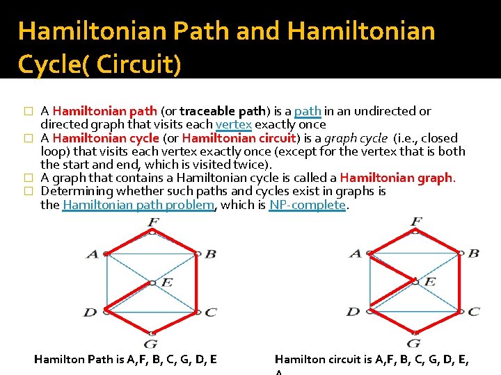 Hamiltonian Path and Hamiltonian Cycle( Circuit) A Hamiltonian path (or traceable path) is a