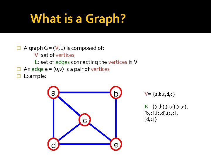 What is a Graph? A graph G = (V, E) is composed of: V: