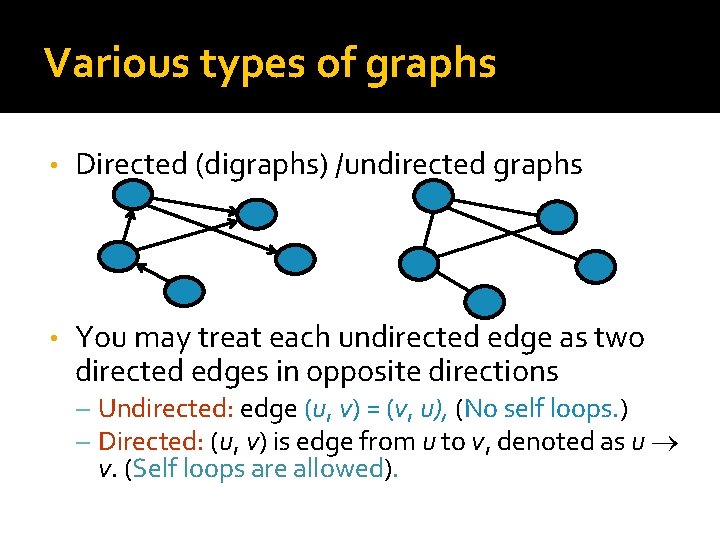Various types of graphs • Directed (digraphs) /undirected graphs • You may treat each