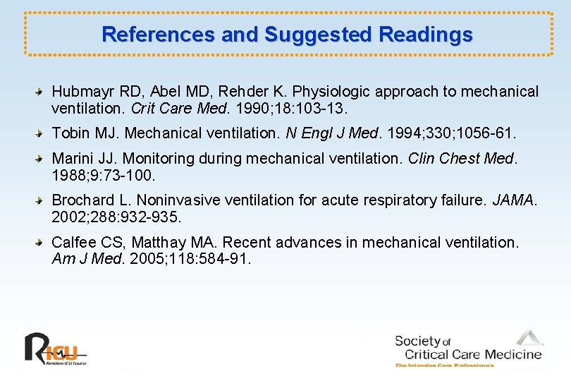 References and Suggested Readings Hubmayr RD, Abel MD, Rehder K. Physiologic approach to mechanical