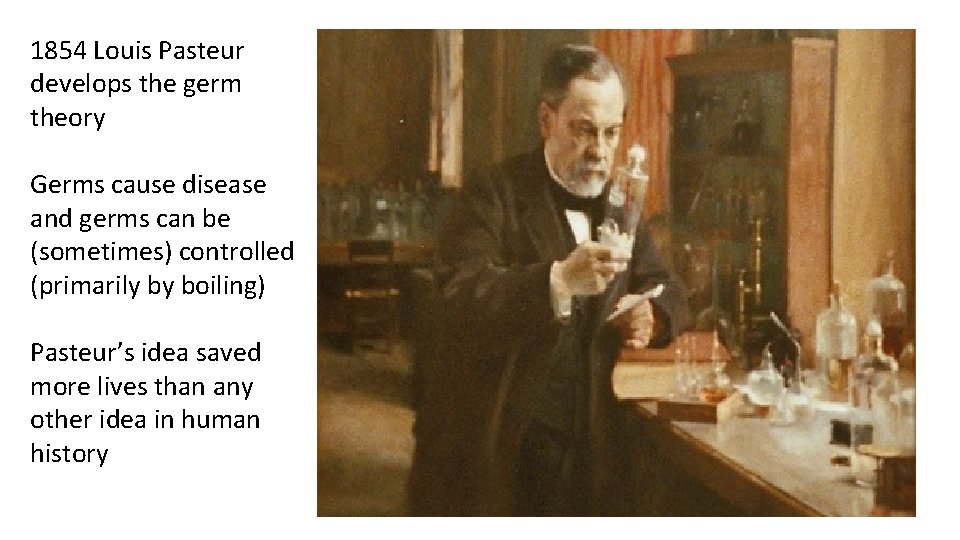 1854 Louis Pasteur develops the germ theory Germs cause disease and germs can be