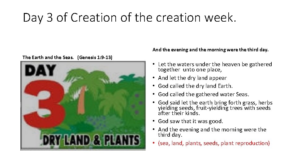 Day 3 of Creation of the creation week. And the evening and the morning