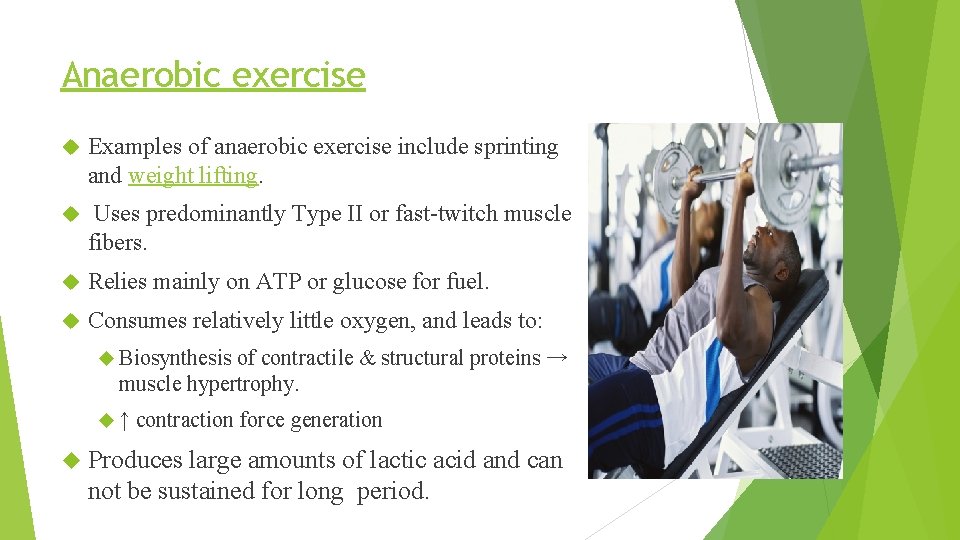 Anaerobic exercise Examples of anaerobic exercise include sprinting and weight lifting. Uses predominantly Type