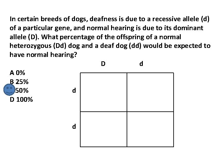 In certain breeds of dogs, deafness is due to a recessive allele (d) of