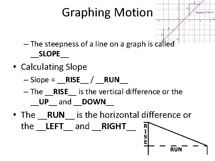 Graphing Motion – The steepness of a line on a graph is called __SLOPE__