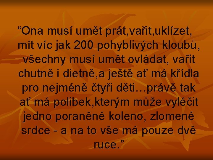 “Ona musí umět prát, vařit, uklízet, mít víc jak 200 pohyblivých kloubů, všechny musí