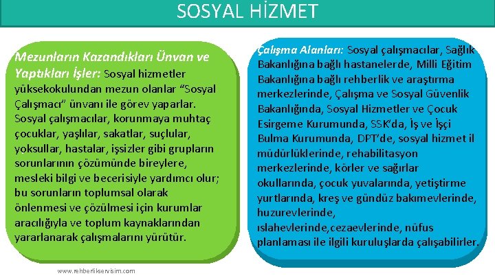 SOSYAL HİZMET Mezunların Kazandıkları Ünvan ve Yaptıkları İşler: Sosyal hizmetler yüksekokulundan mezun olanlar “Sosyal