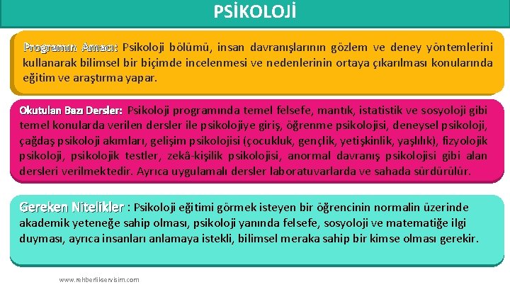 PSİKOLOJİ Programın Amacı: Psikoloji bölümü, insan davranışlarının gözlem ve deney yöntemlerini kullanarak bilimsel bir