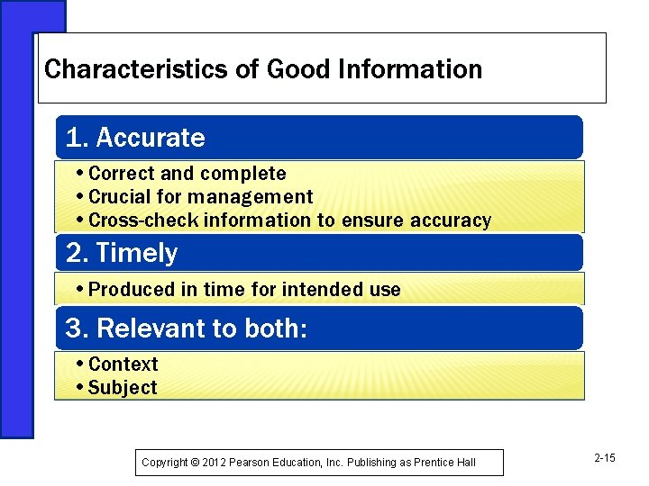 Characteristics of Good Information 1. Accurate • Correct and complete • Crucial for management