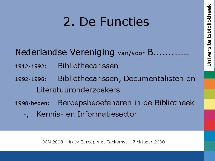 Nederlandse Vereniging van/voor B. . . 1912 -1992: Bibliothecarissen 1992 -1998: Bibliothecarissen, Documentalisten en