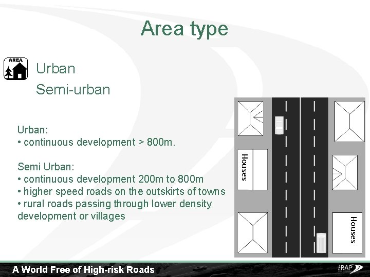 Area type Urban Semi-urban Urban: • continuous development > 800 m. Houses A World