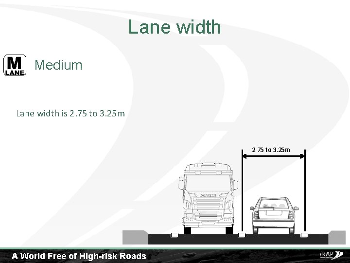 Lane width Medium Lane width is 2. 75 to 3. 25 m A World