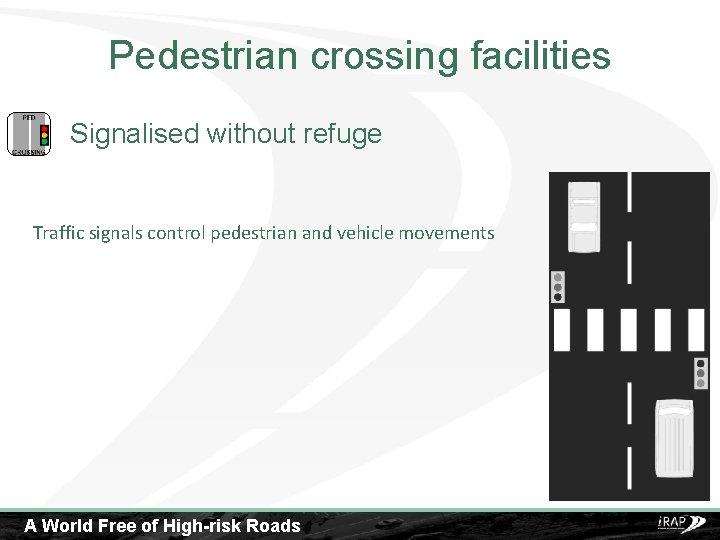 Pedestrian crossing facilities Signalised without refuge Traffic signals control pedestrian and vehicle movements A