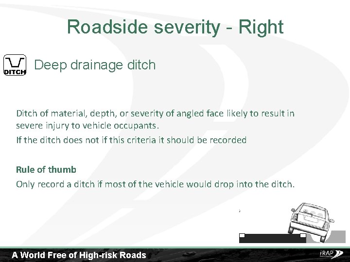Roadside severity - Right Deep drainage ditch Ditch of material, depth, or severity of