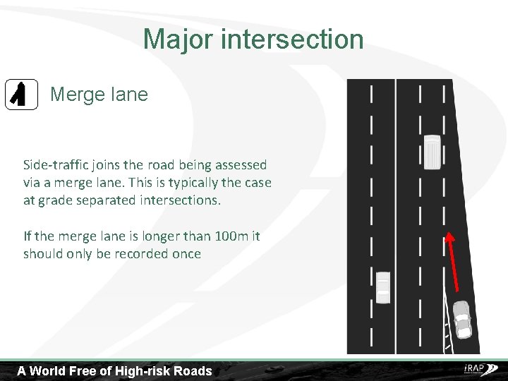 Major intersection Merge lane Side-traffic joins the road being assessed via a merge lane.