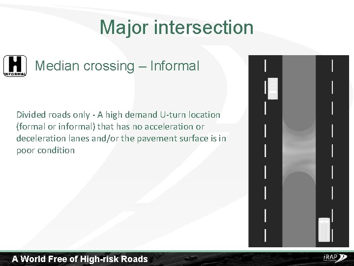 Major intersection Median crossing – Informal Divided roads only - A high demand U-turn