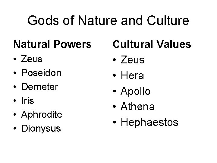 Gods of Nature and Culture Natural Powers • • • Zeus Poseidon Demeter Iris