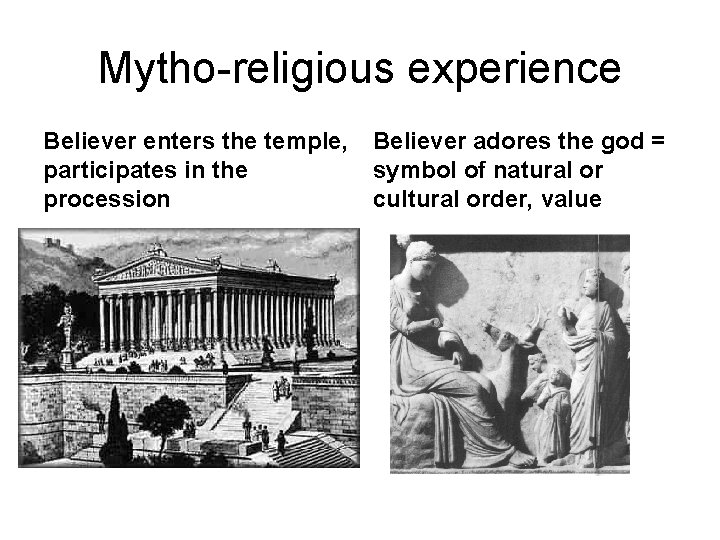 Mytho-religious experience Believer enters the temple, participates in the procession Believer adores the god