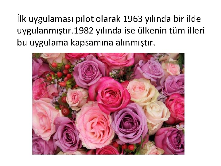 İlk uygulaması pilot olarak 1963 yılında bir ilde uygulanmıştır. 1982 yılında ise ülkenin tüm