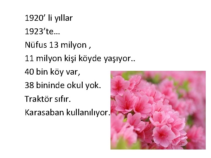 1920’ li yıllar 1923’te… Nüfus 13 milyon , 11 milyon kişi köyde yaşıyor. .