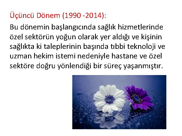 Üçüncü Dönem (1990 -2014): Bu dönemin başlangıcında sağlık hizmetlerinde özel sektörün yoğun olarak yer