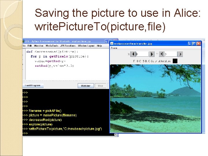 Saving the picture to use in Alice: write. Picture. To(picture, file) 