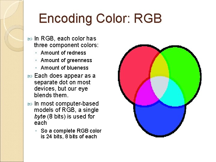 Encoding Color: RGB In RGB, each color has three component colors: ◦ Amount of