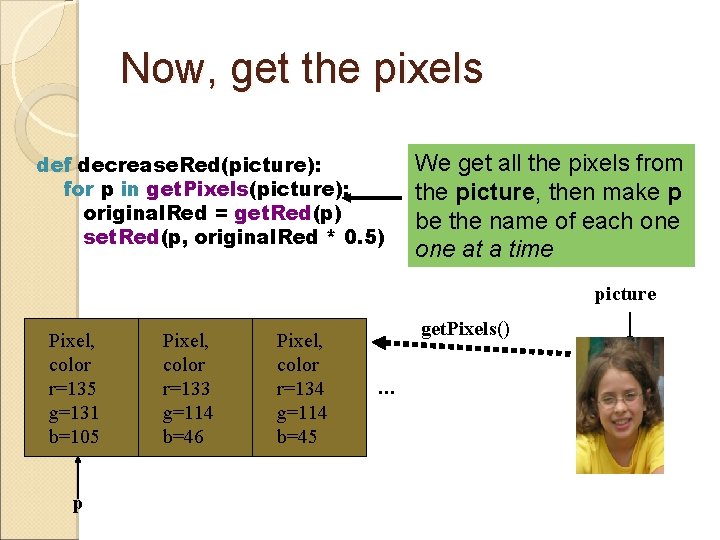 Now, get the pixels def decrease. Red(picture): for p in get. Pixels(picture): original. Red