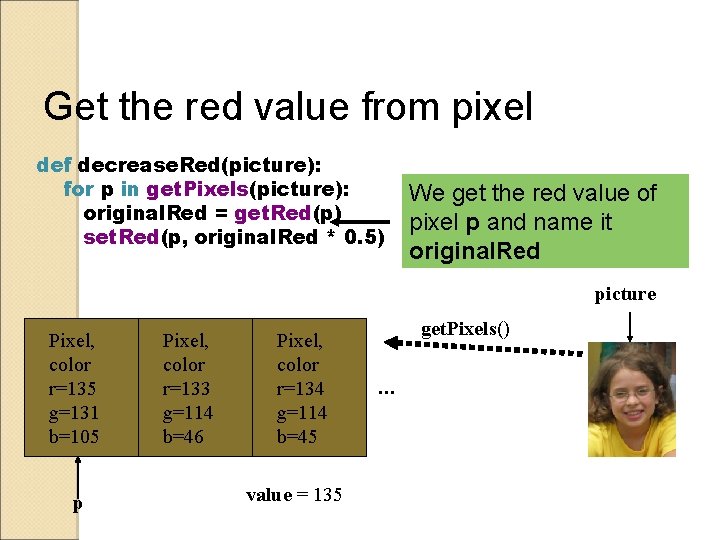 Get the red value from pixel def decrease. Red(picture): for p in get. Pixels(picture):