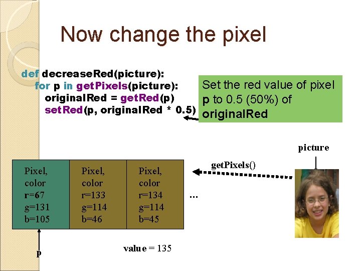 Now change the pixel def decrease. Red(picture): for p in get. Pixels(picture): original. Red