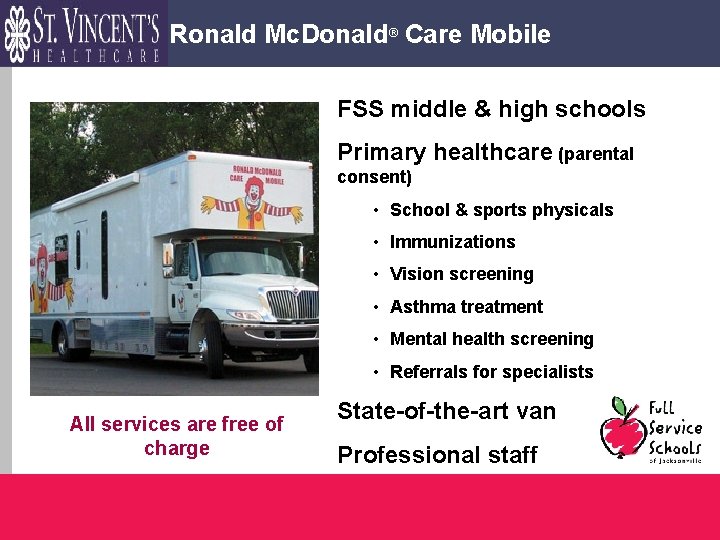 Ronald Mc. Donald® Care Mobile FSS middle & high schools Primary healthcare (parental consent)