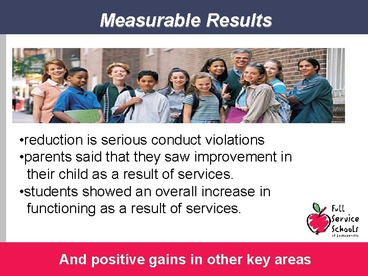 Measurable Results • reduction is serious conduct violations • parents said that they saw