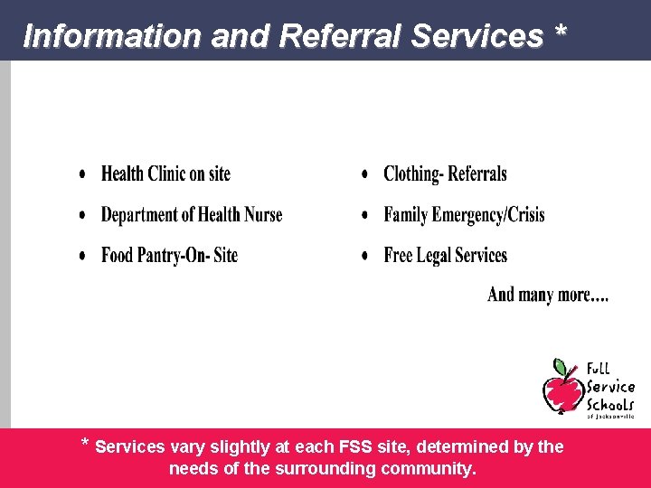 Information and Referral Services * * Services vary slightly at each FSS site, determined
