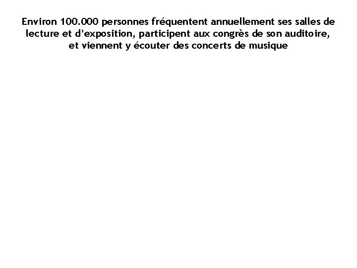 Environ 100. 000 personnes fréquentent annuellement ses salles de lecture et d’exposition, participent aux