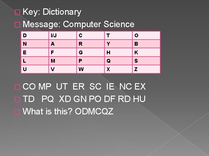 � Key: Dictionary � Message: Computer Science D I/J C T O N A